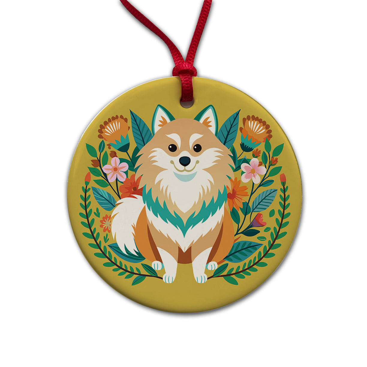 Pomsky Floral Motif Dog Round Ceramic Holiday Christmas Tree Ornament