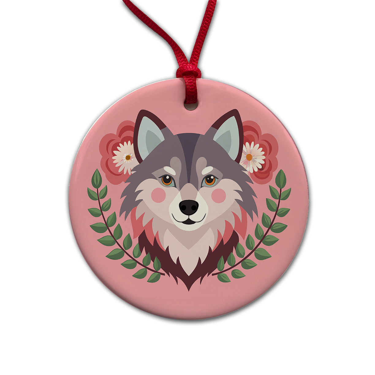 Pomsky Head Floral Motif Pink Cute Dog Round Ceramic Holiday Christmas Tree Ornament