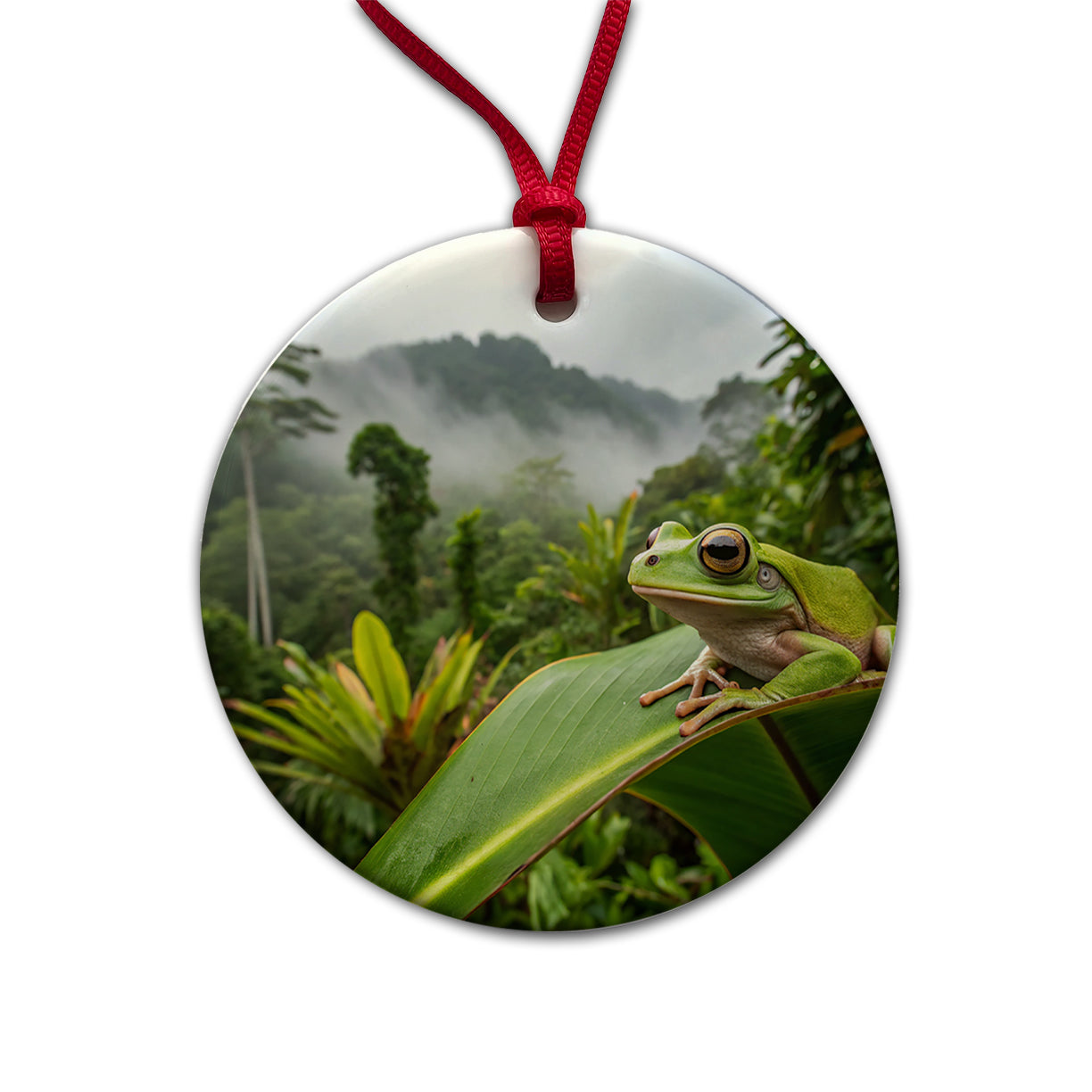 Puerto Rico Frog On Leaf Round Ceramic Holiday Christmas Tree Ornament