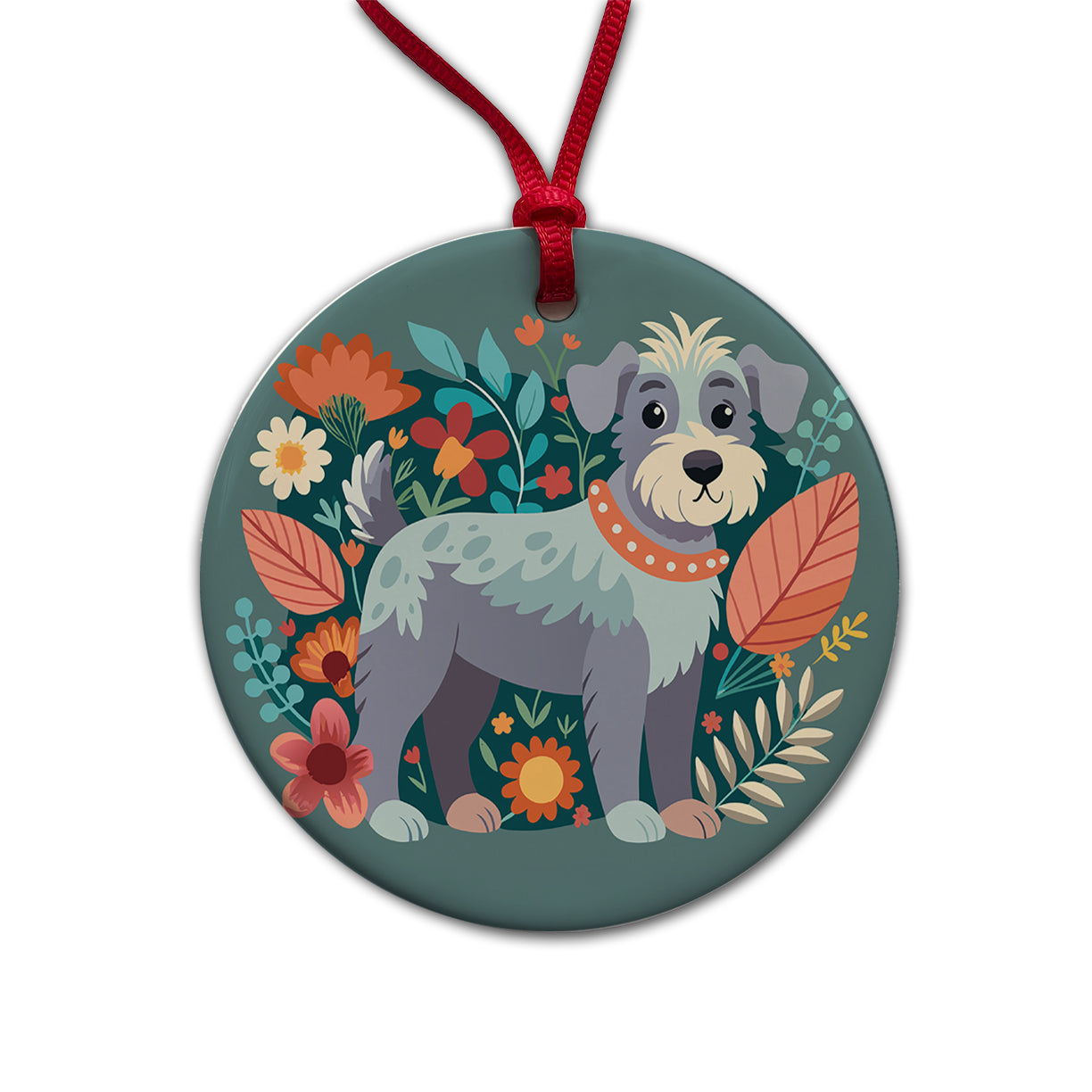 Schnoodle Floral Motif Dog Gray Round Ceramic Holiday Christmas Tree Ornament