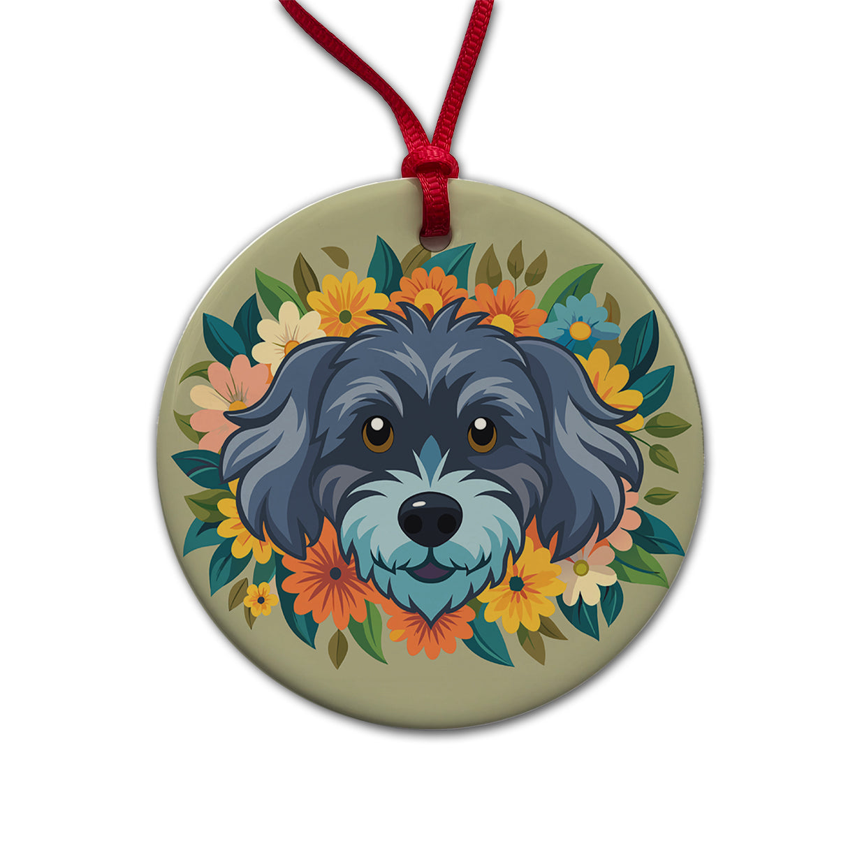Schnoodle Head Floral Motif Dog Round Ceramic Holiday Christmas Tree Ornament