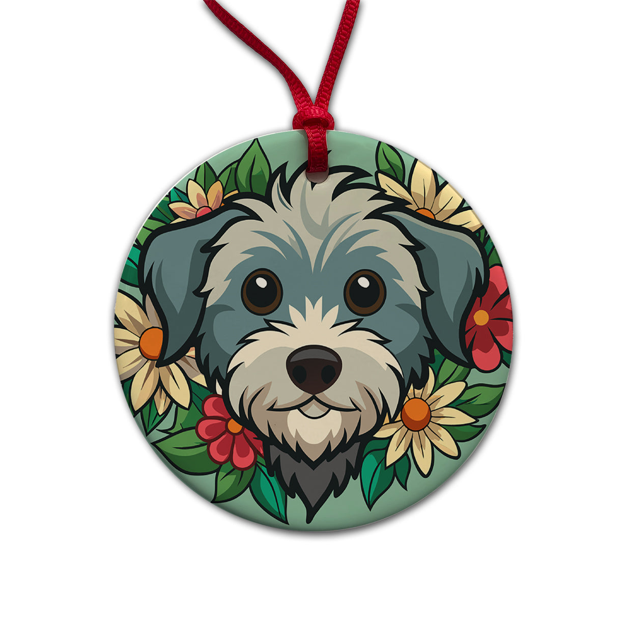 Schnoodle Head Floral Motif Green Dog Round Ceramic Holiday Christmas Tree Ornament