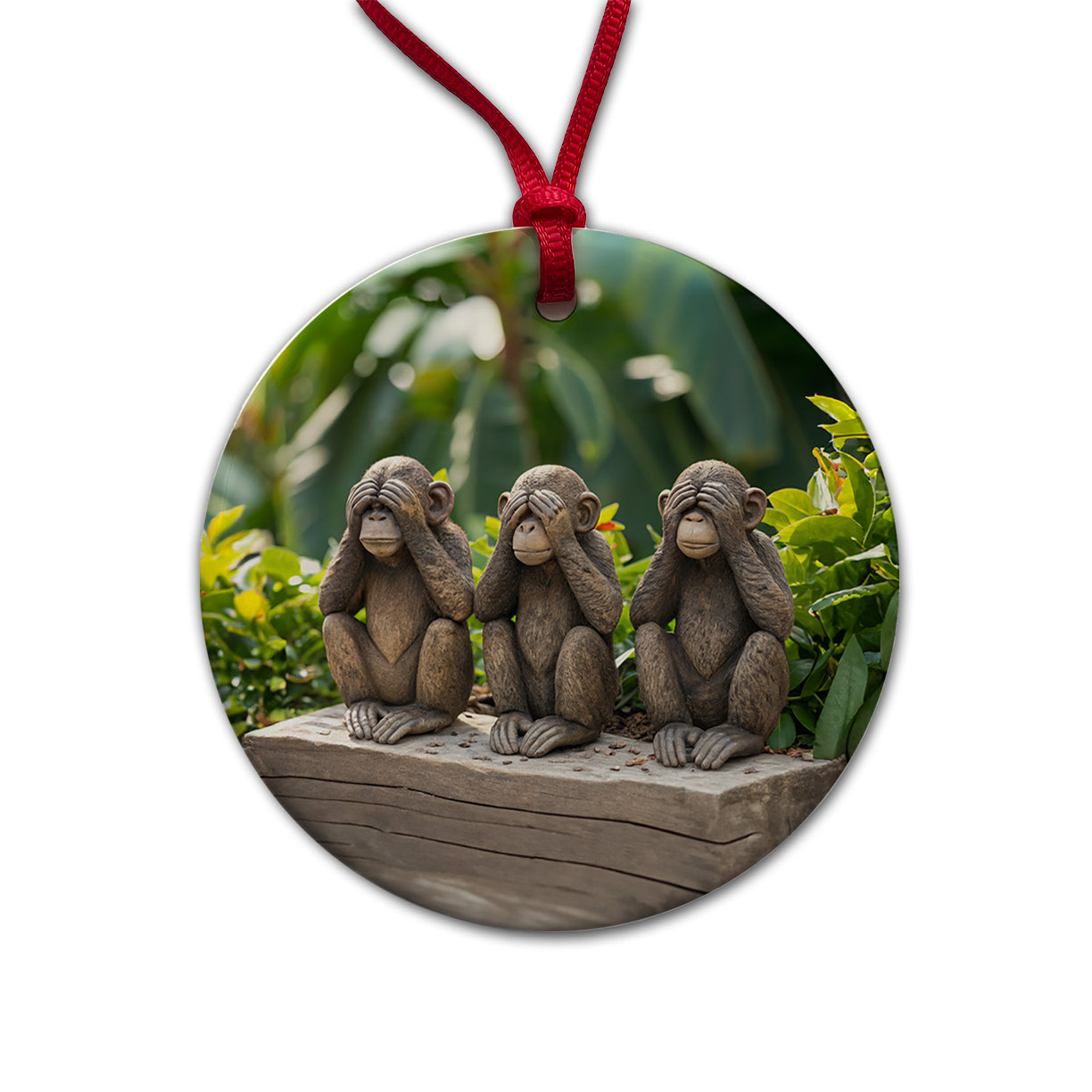 See No Evil Monkeys Funny Round Ceramic Holiday Christmas Tree Ornament