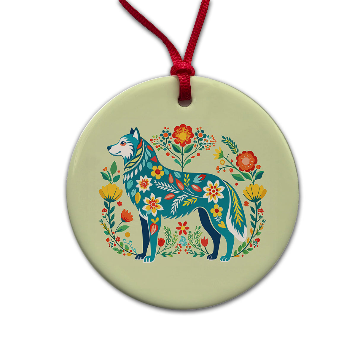 Siberian Retriever Floral Motif Beautiful Dog Round Ceramic Holiday Christmas Tree Ornament