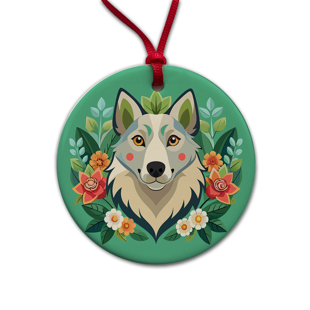 Siberian Retriever Head Floral Motif Green Dog Round Ceramic Holiday Christmas Tree Ornament