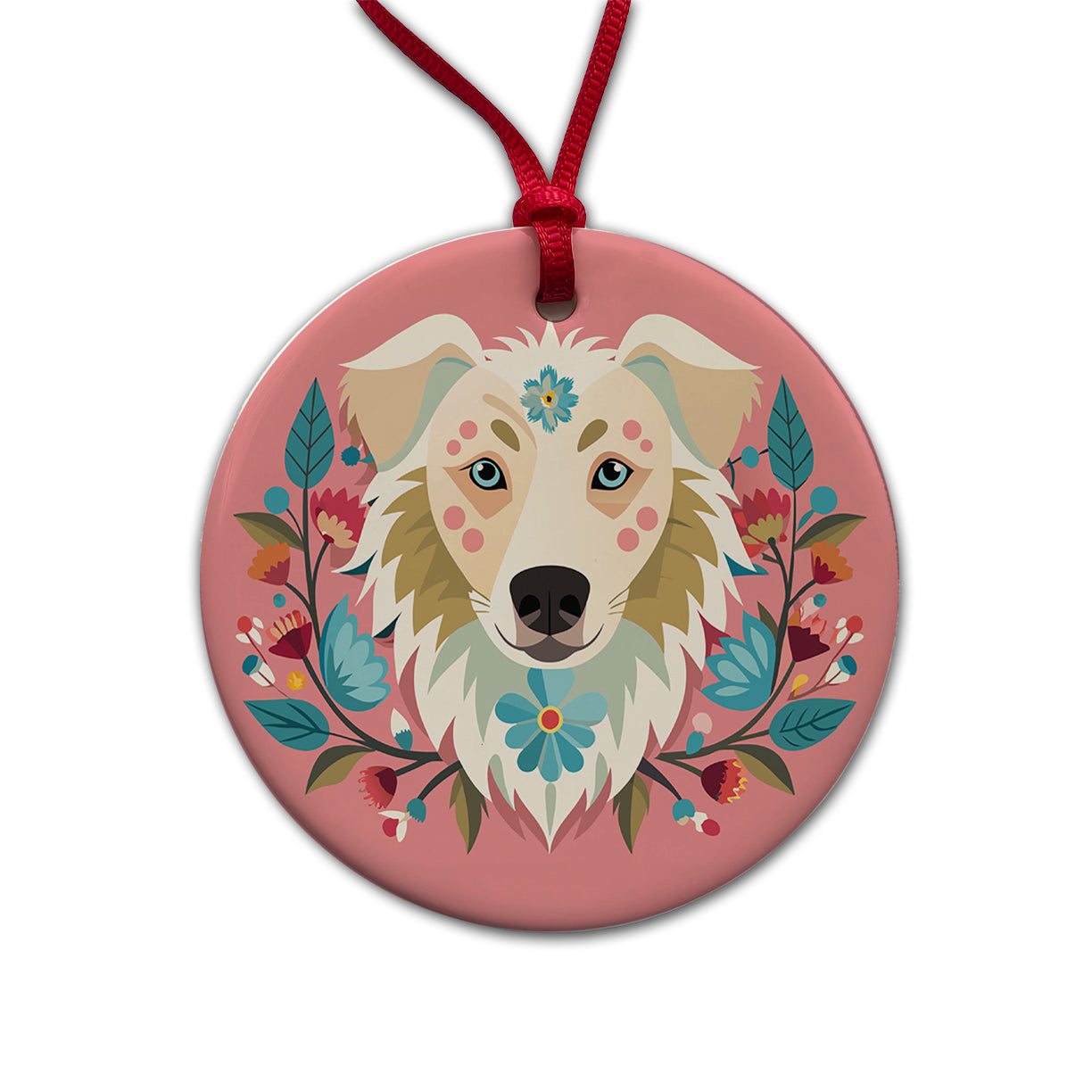 Siberian Retriever Head Floral Motif Pink Dog Round Ceramic Holiday Christmas Tree Ornament