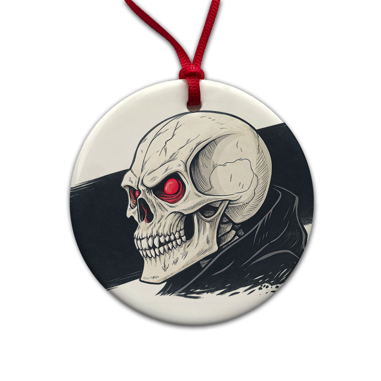 Skull With Red Eyes Menacing Round Ceramic Holiday Christmas Tree Ornament