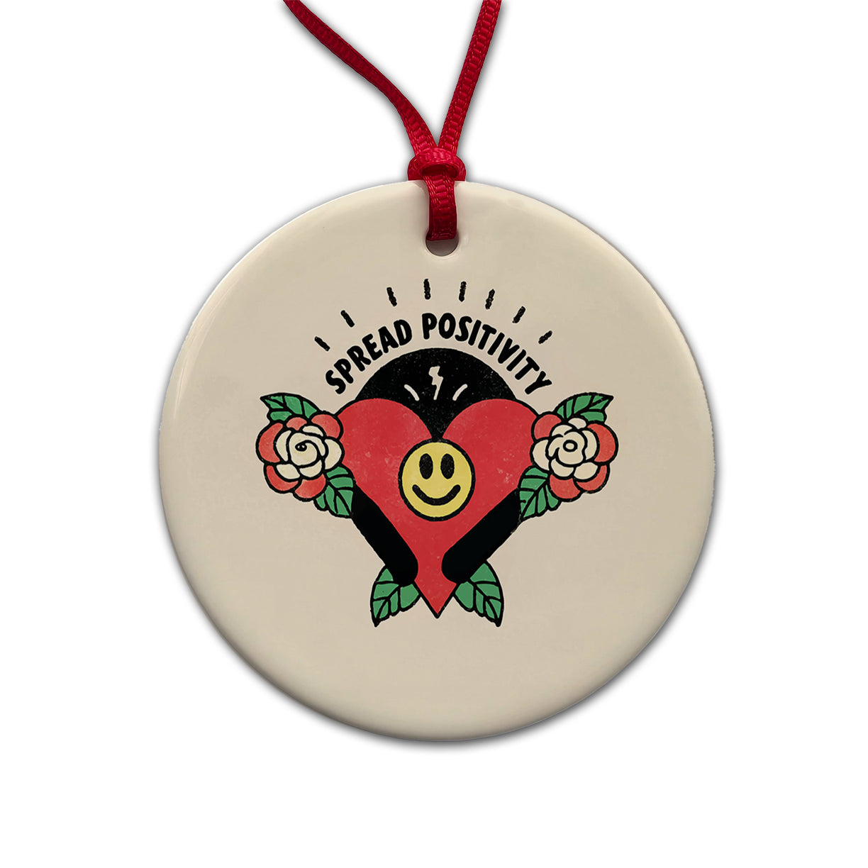 Spread Positivity Cute Round Ceramic Holiday Christmas Tree Ornament