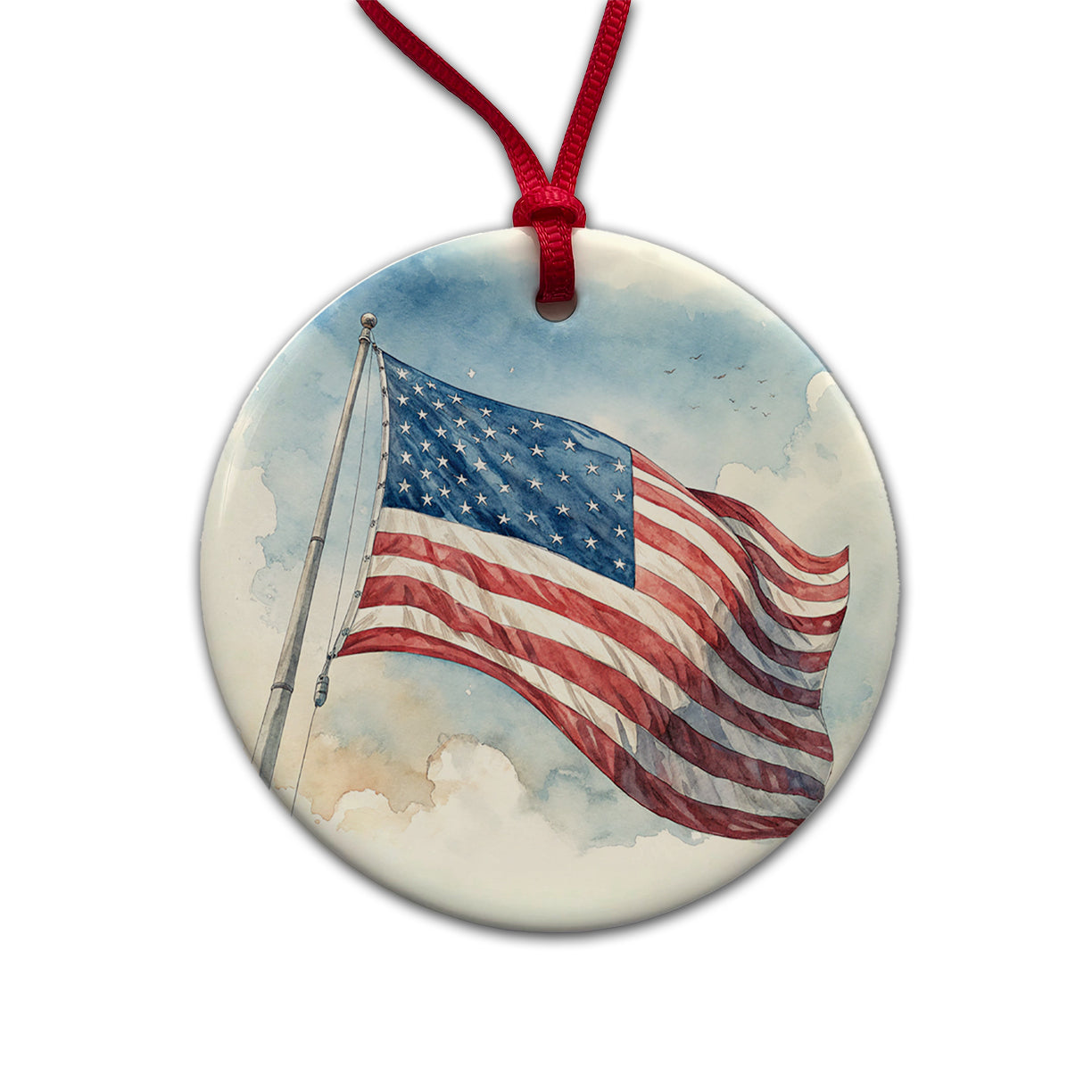 Waving American Flag Watercolor USA United States Round Ceramic Holiday Christmas Tree Ornament