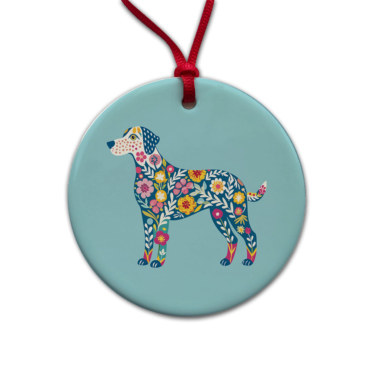 Weimador Floral Motif Blue Dog Round Ceramic Holiday Christmas Tree Ornament