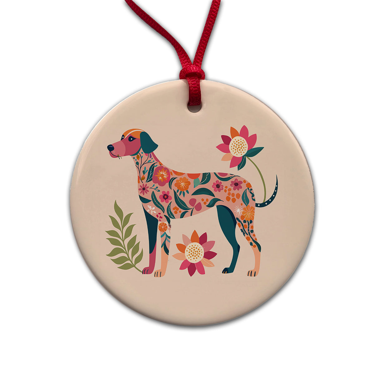 Weimador Floral Motif Cute Dog Round Ceramic Holiday Christmas Tree Ornament