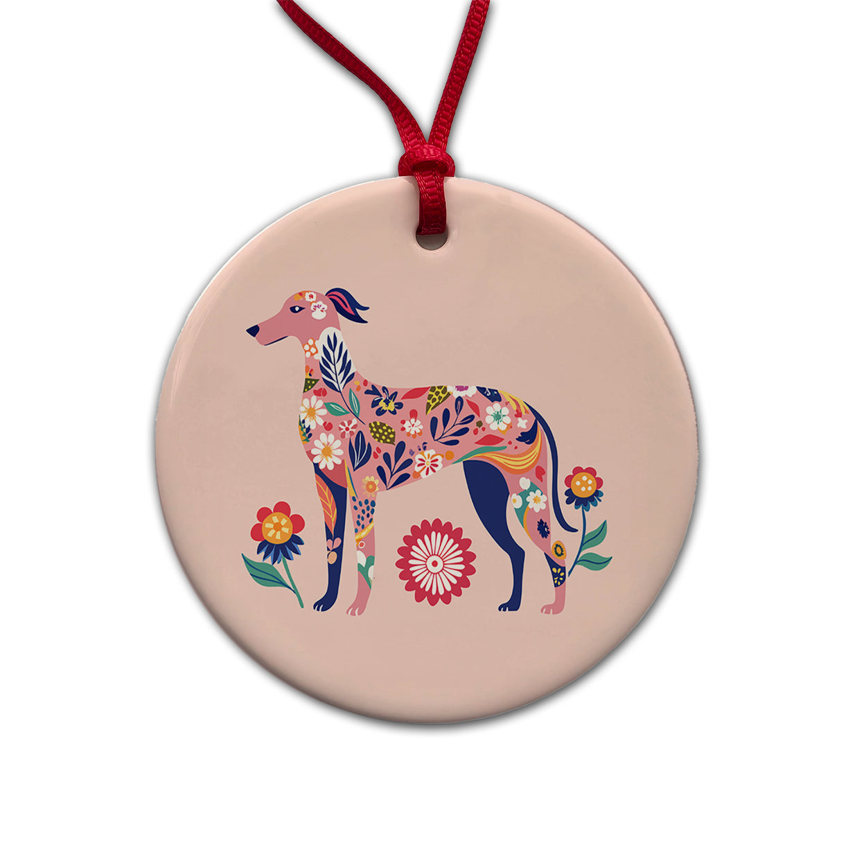Weimador Floral Motif Light Pink Dog Round Ceramic Holiday Christmas Tree Ornament
