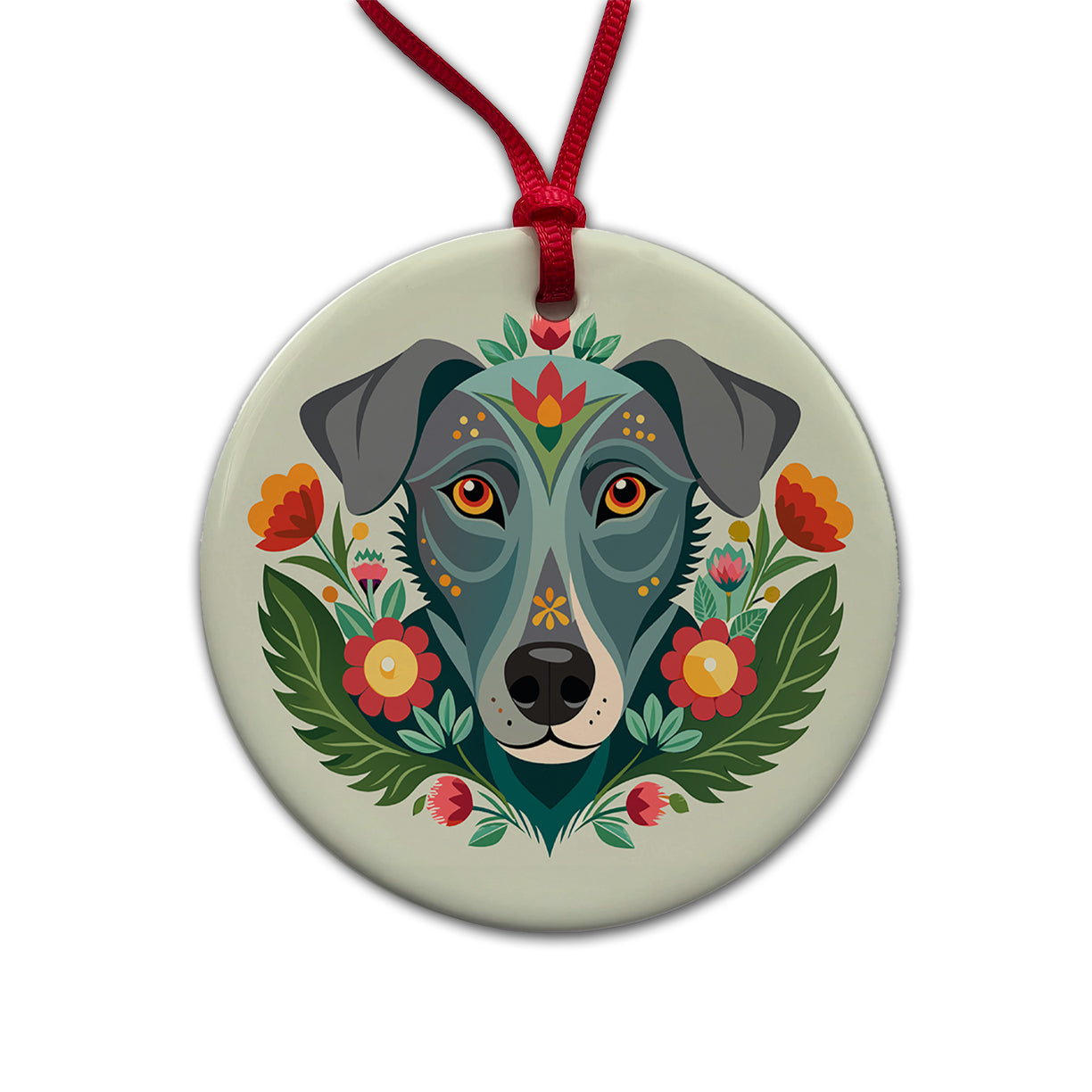 Weimador Head Floral Motif Round Ceramic Holiday Christmas Tree Ornament
