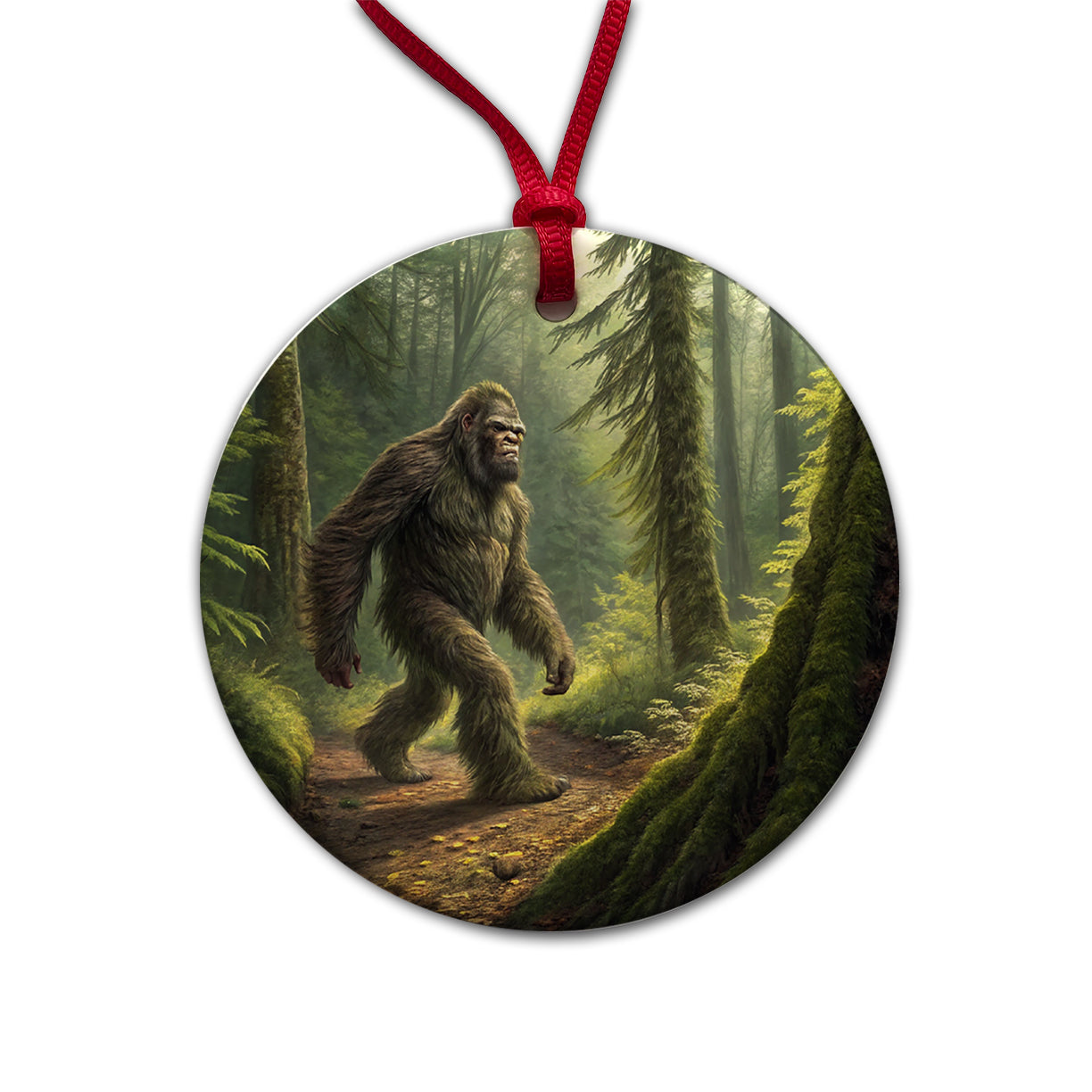 Bigfoot Hiking In Forest Round Ceramic Holiday Christmas Tree Ornament