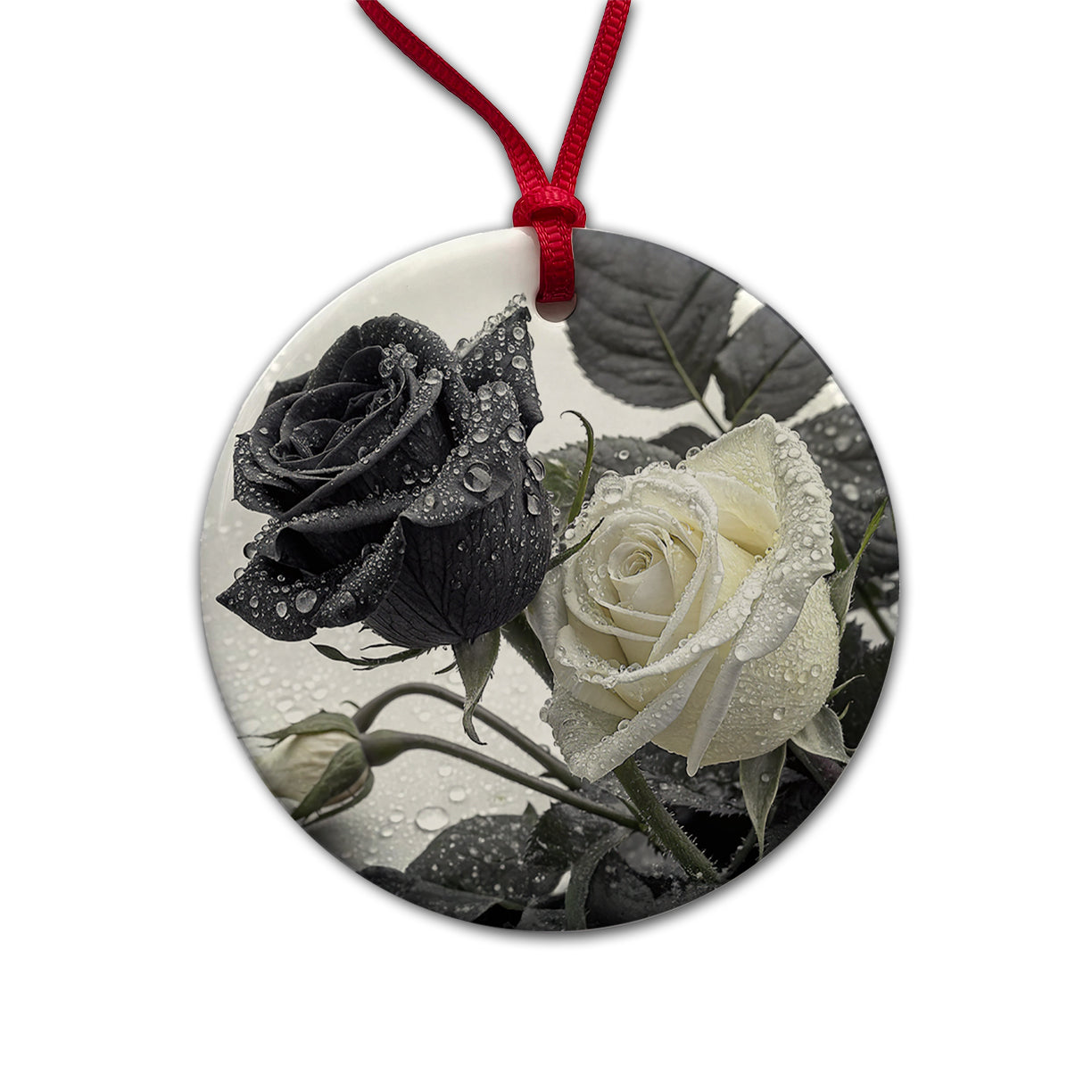 Black White Roses Dewy Round Ceramic Holiday Christmas Tree Ornament