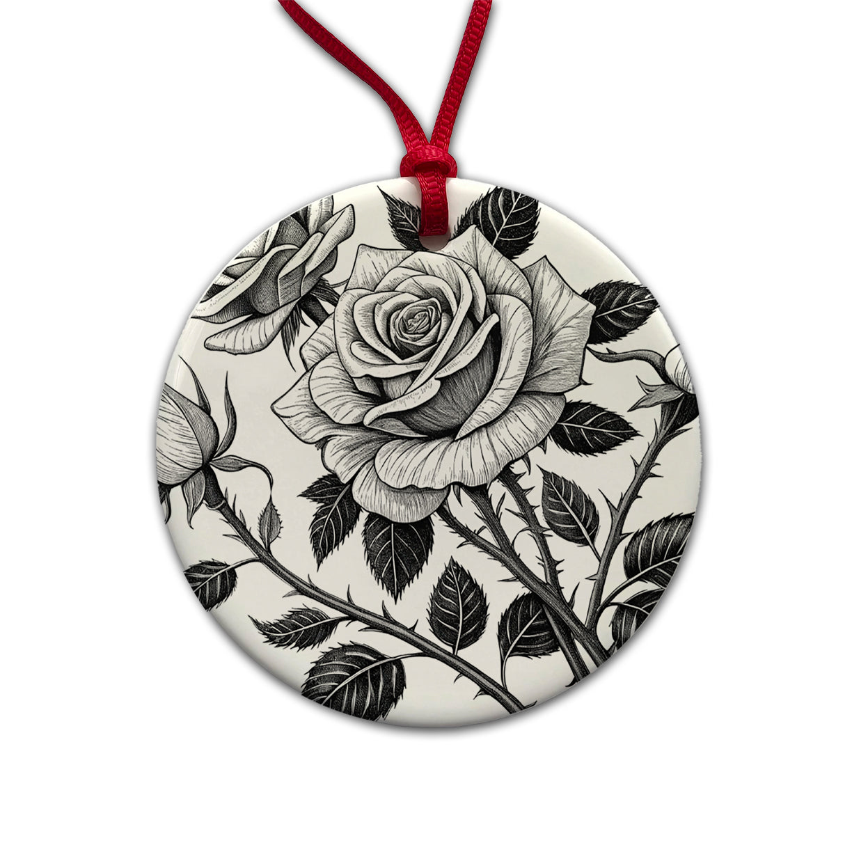 Black White Roses Round Ceramic Holiday Christmas Tree Ornament