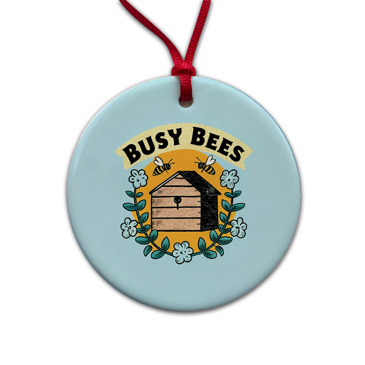 Busy Bees Round Ceramic Holiday Christmas Tree Ornament