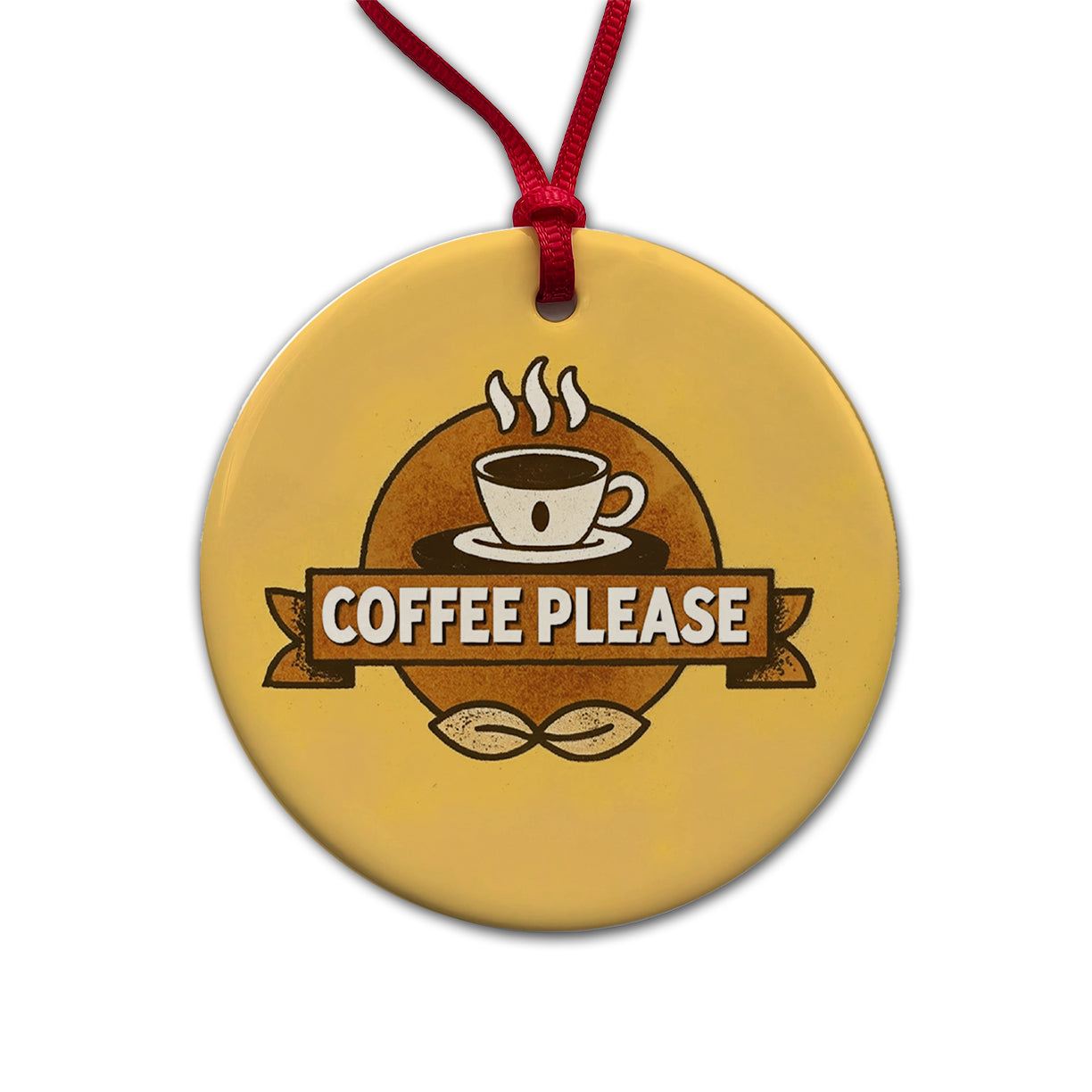Coffee Please Yellow Round Ceramic Holiday Christmas Tree Ornament
