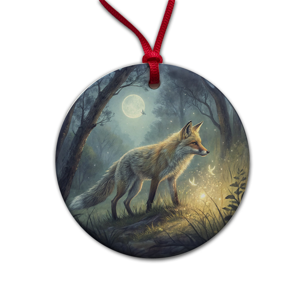 Fox At Night Round Ceramic Holiday Christmas Tree Ornament