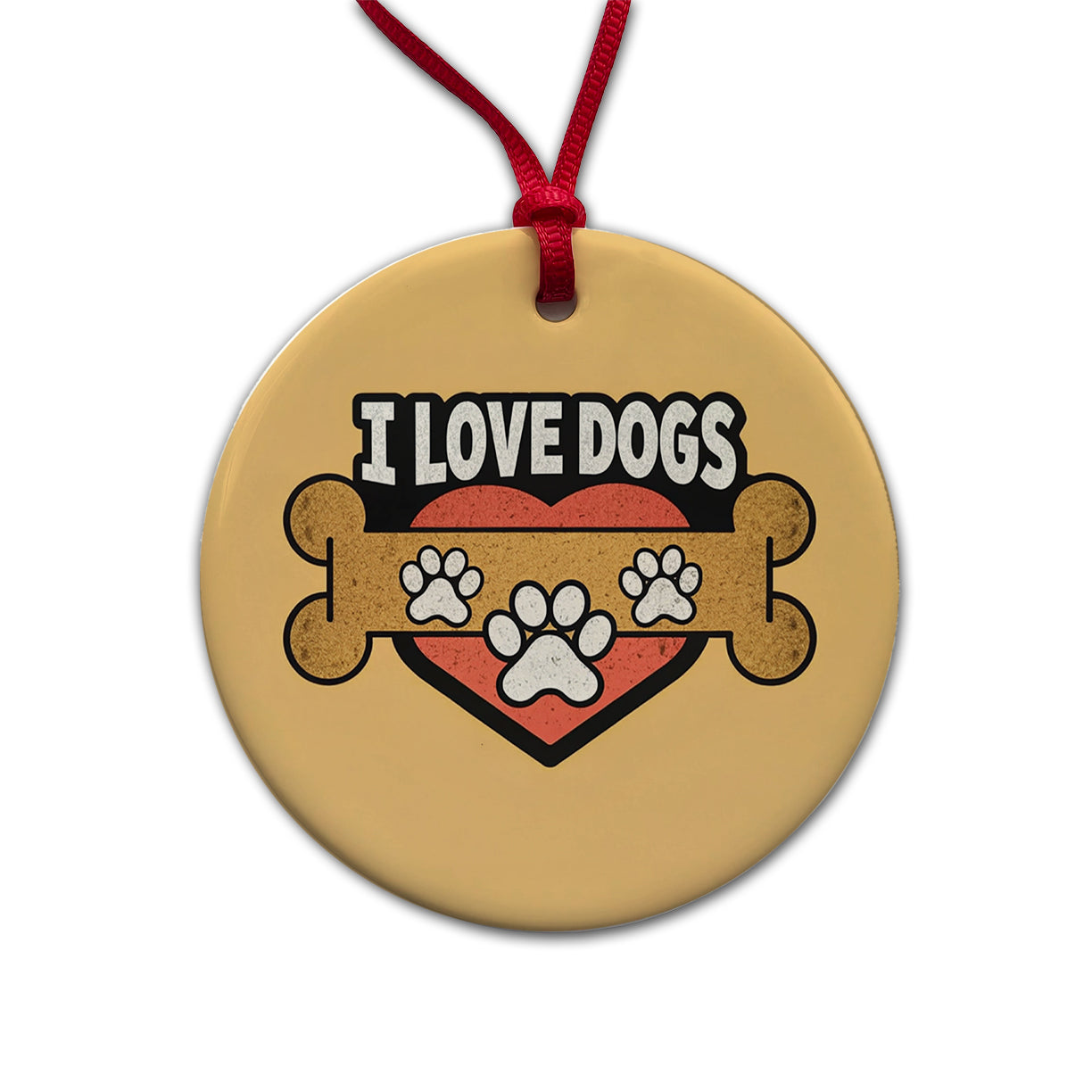 I Love Dogs Bone Paw Prints Round Ceramic Holiday Christmas Tree Ornament