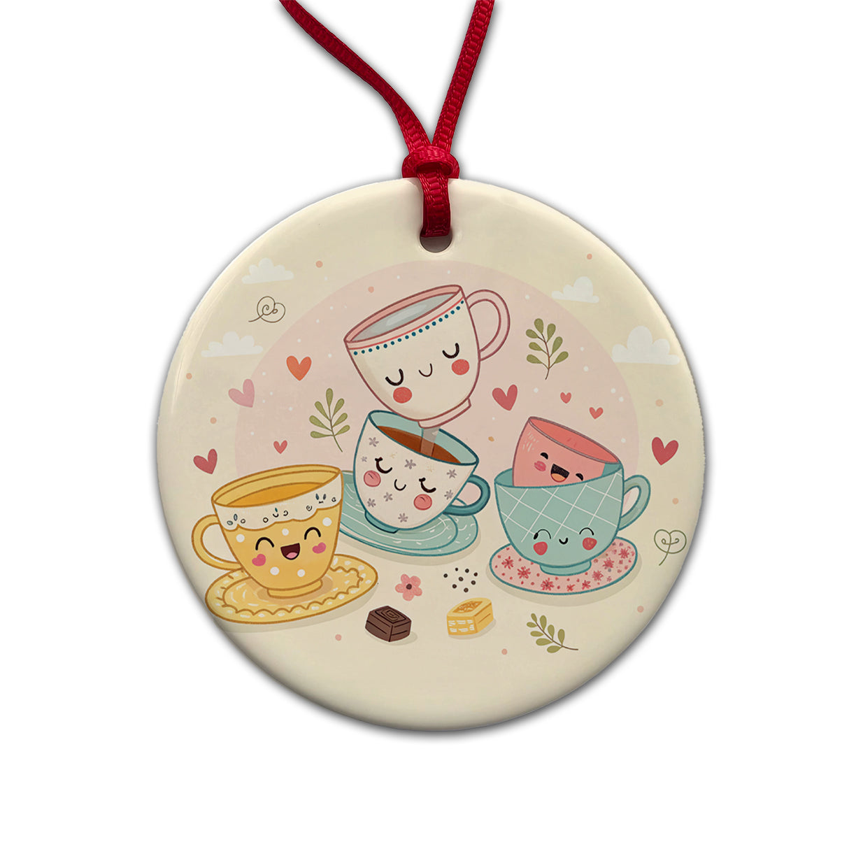 Kawaii Happy Tea Cups Round Ceramic Holiday Christmas Tree Ornament