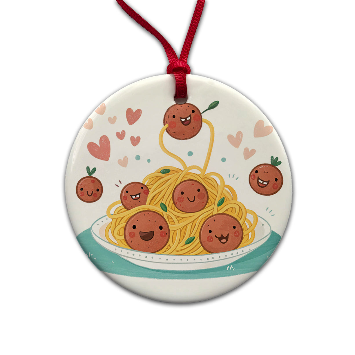 Kawaii Spaghetti And Meatballs Pasta Round Ceramic Holiday Christmas Tree Ornament