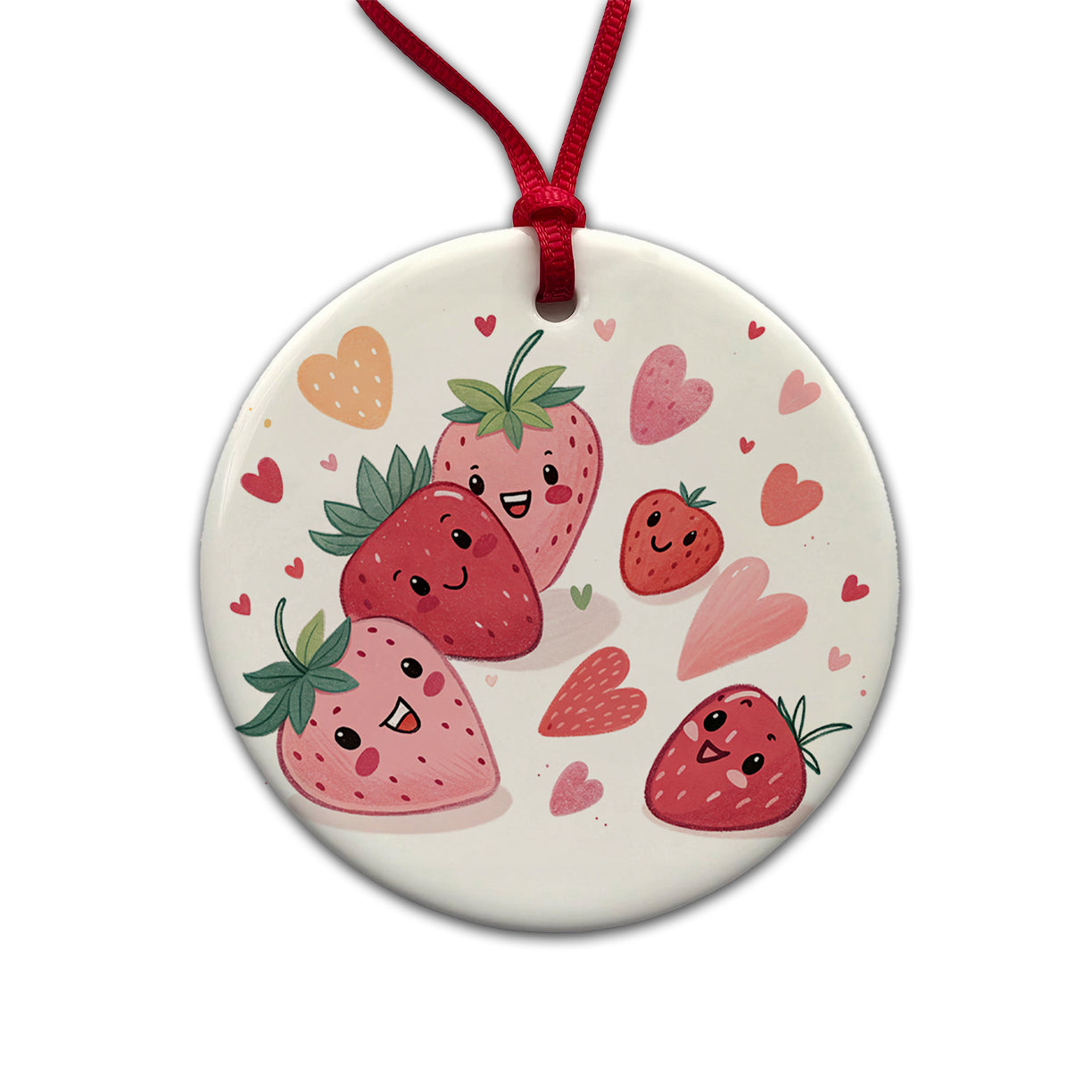 Kawaii Strawberries Hearts Round Ceramic Holiday Christmas Tree Ornament