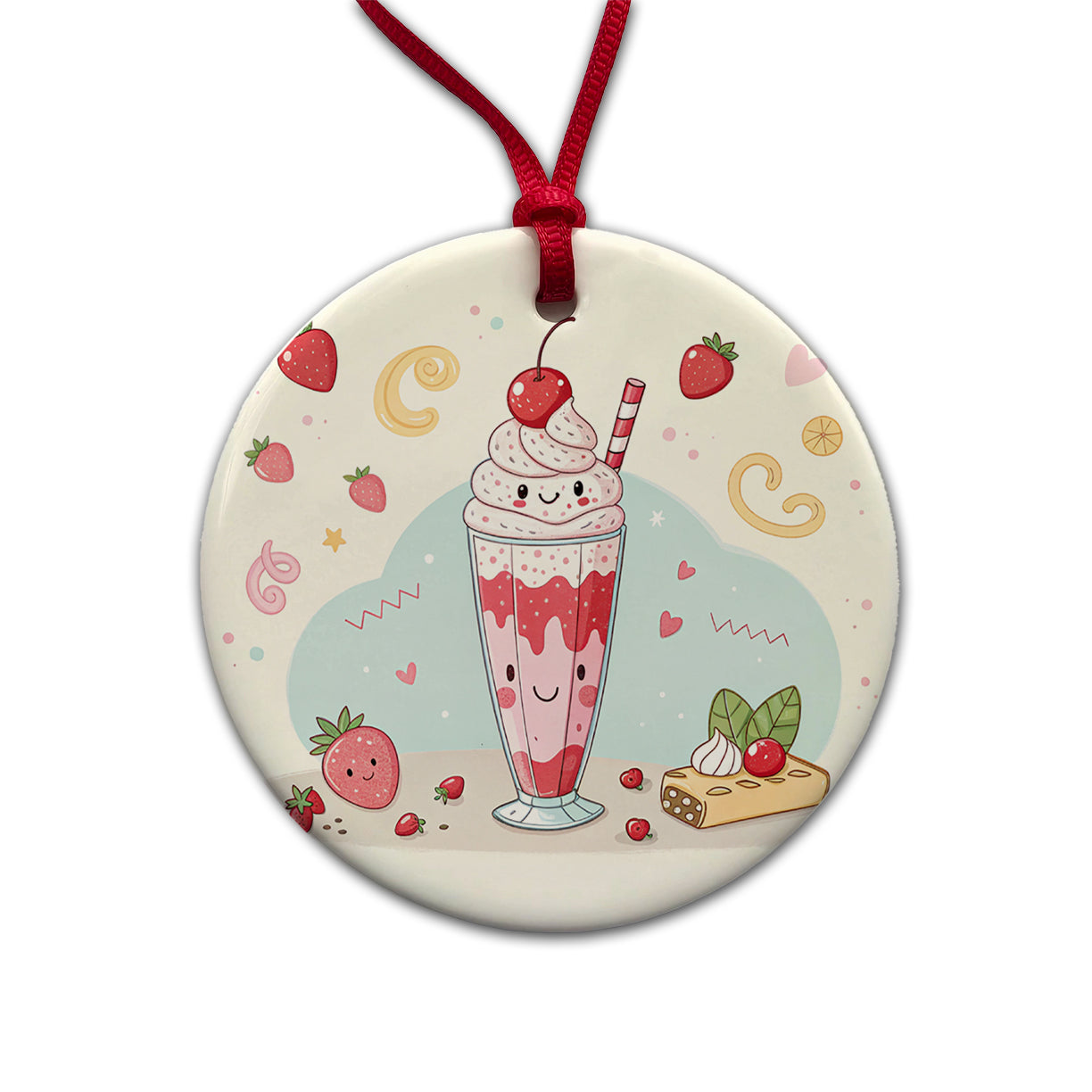 Kawaii Strawberry Milk Shake Round Ceramic Holiday Christmas Tree Ornament