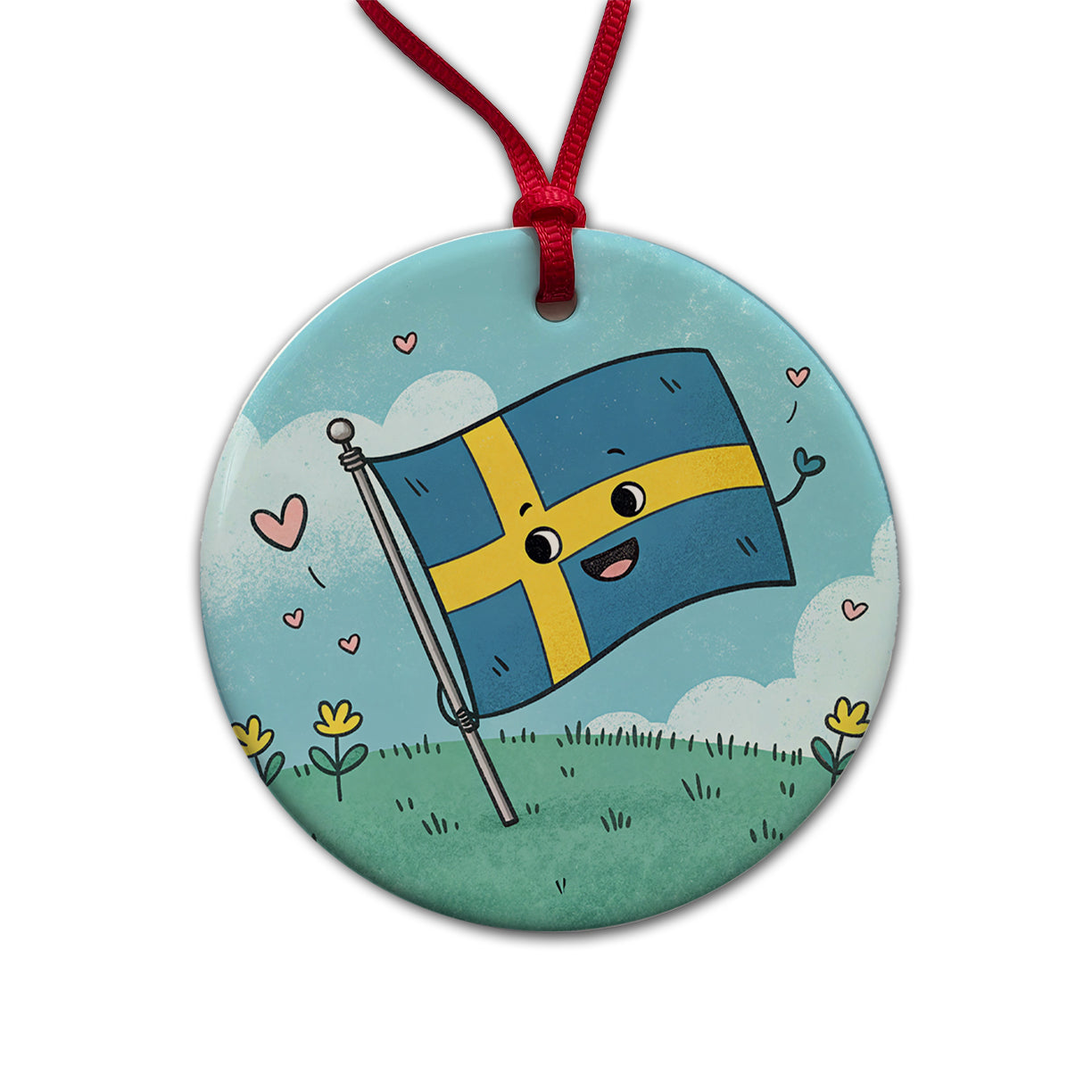 Kawaii Sweden Flag Round Ceramic Holiday Christmas Tree Ornament