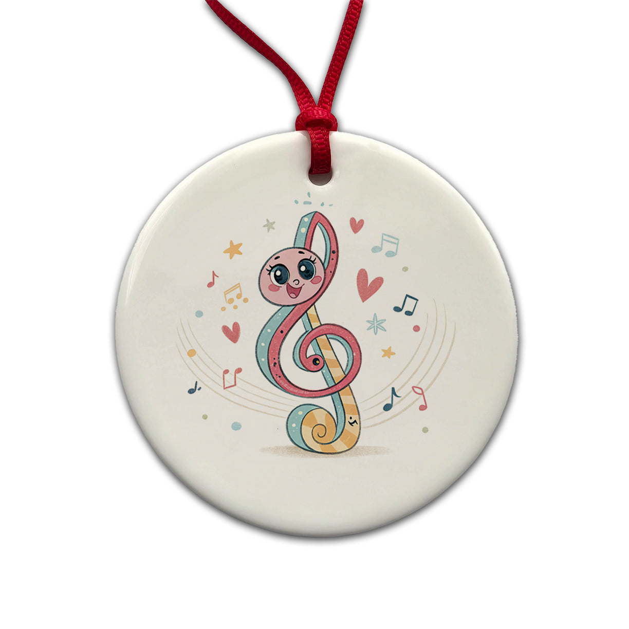 Kawaii Treble Clef Music Round Ceramic Holiday Christmas Tree Ornament