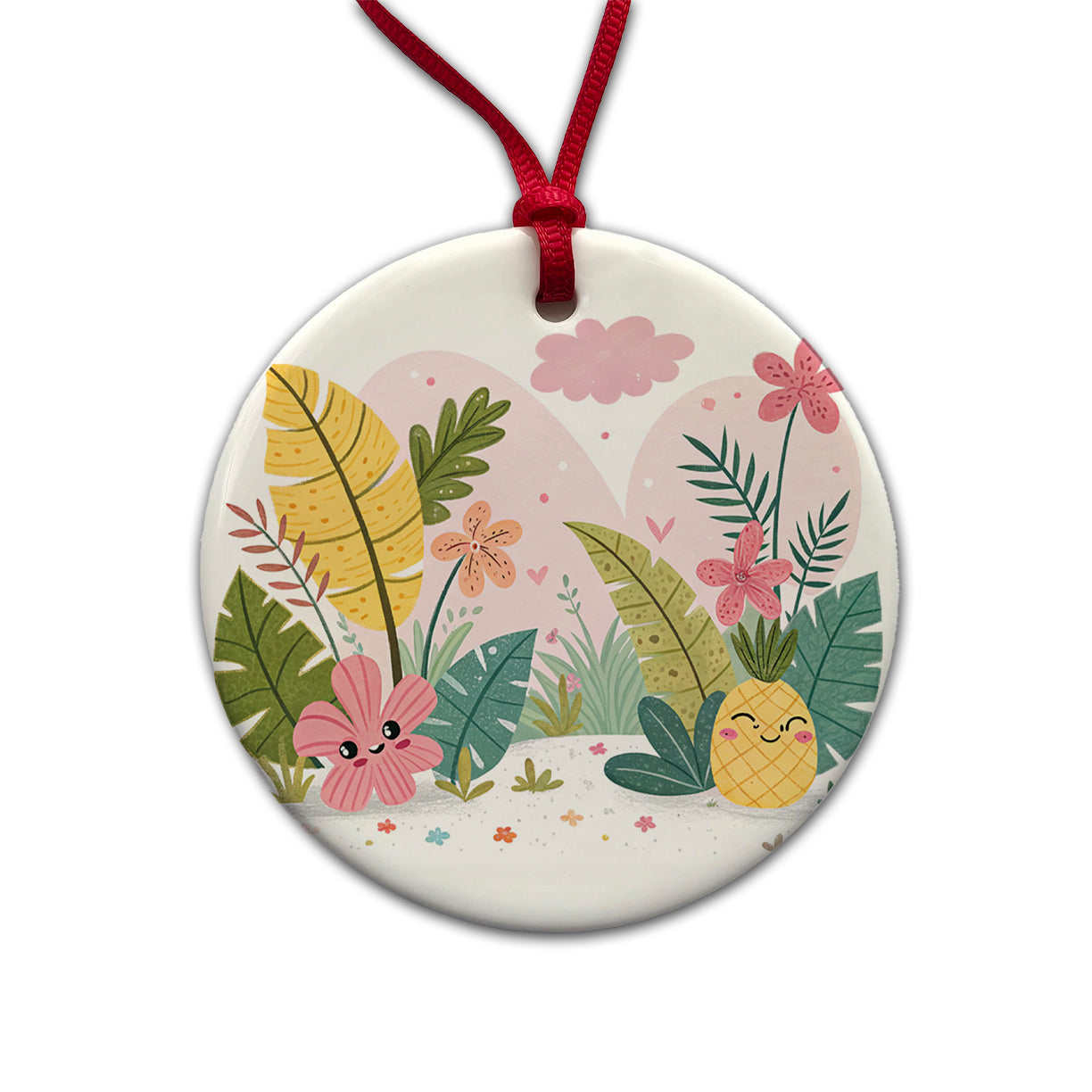 Kawaii Tropical Plants Round Ceramic Holiday Christmas Tree Ornament