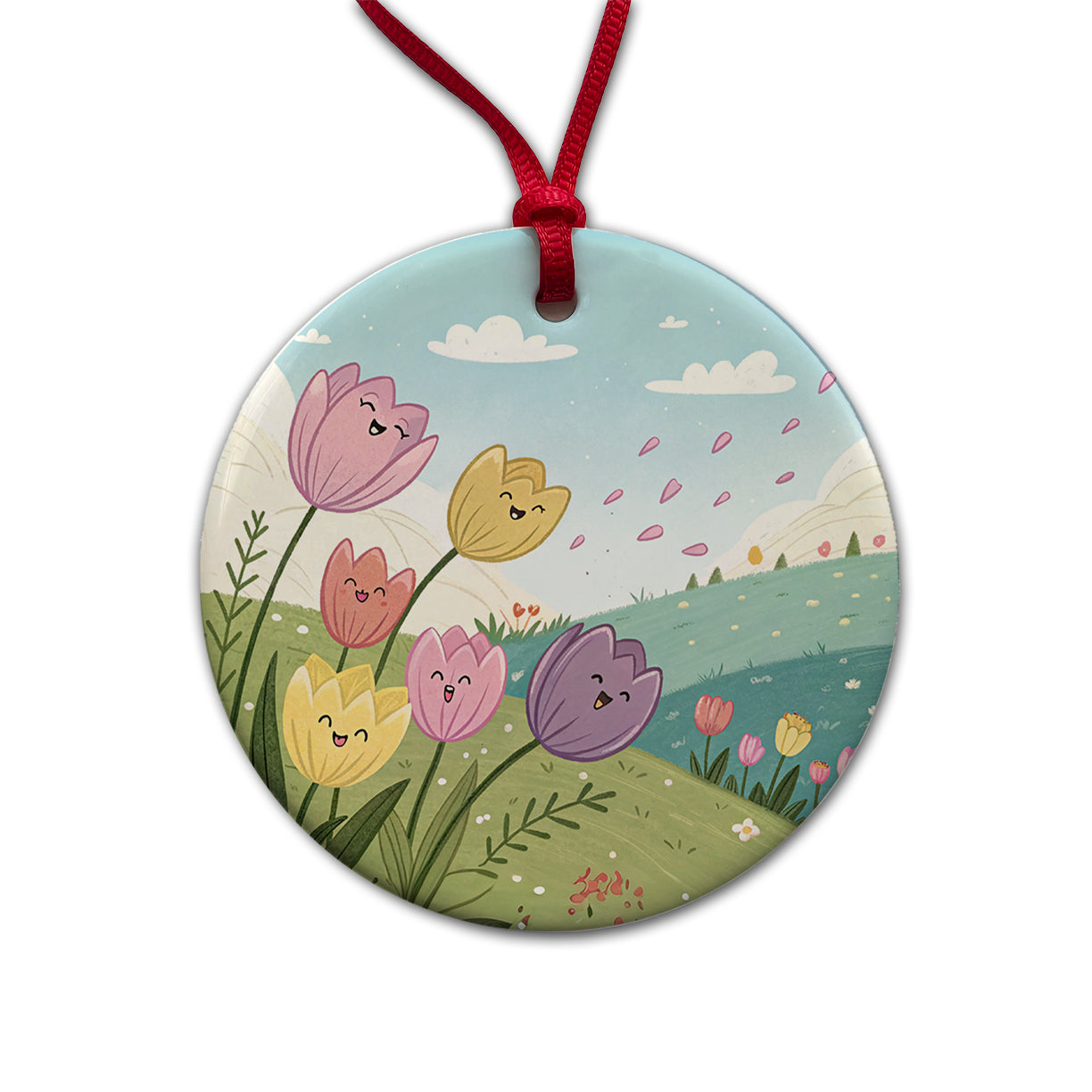 Kawaii Tulips Flowers Round Ceramic Holiday Christmas Tree Ornament