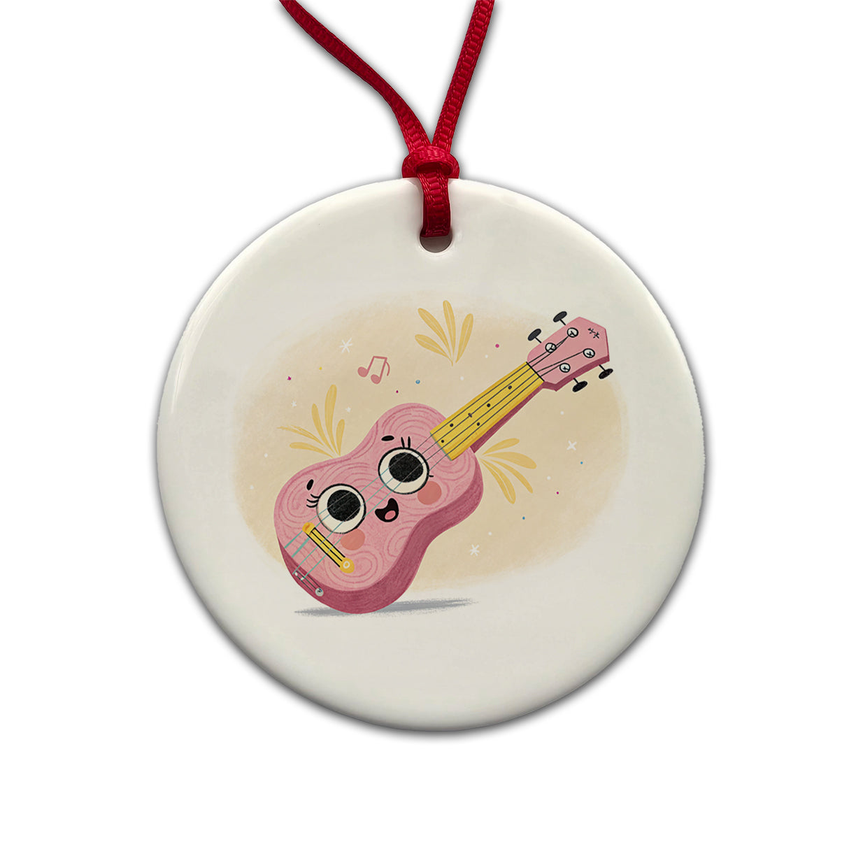 Kawaii Ukulele Pink Music Round Ceramic Holiday Christmas Tree Ornament