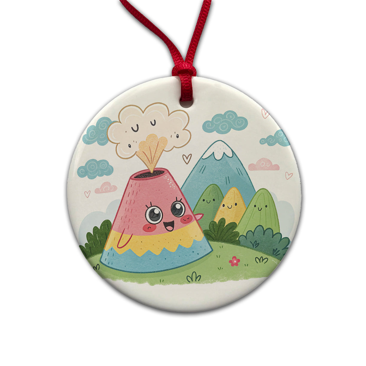 Kawaii Volcano Round Ceramic Holiday Christmas Tree Ornament