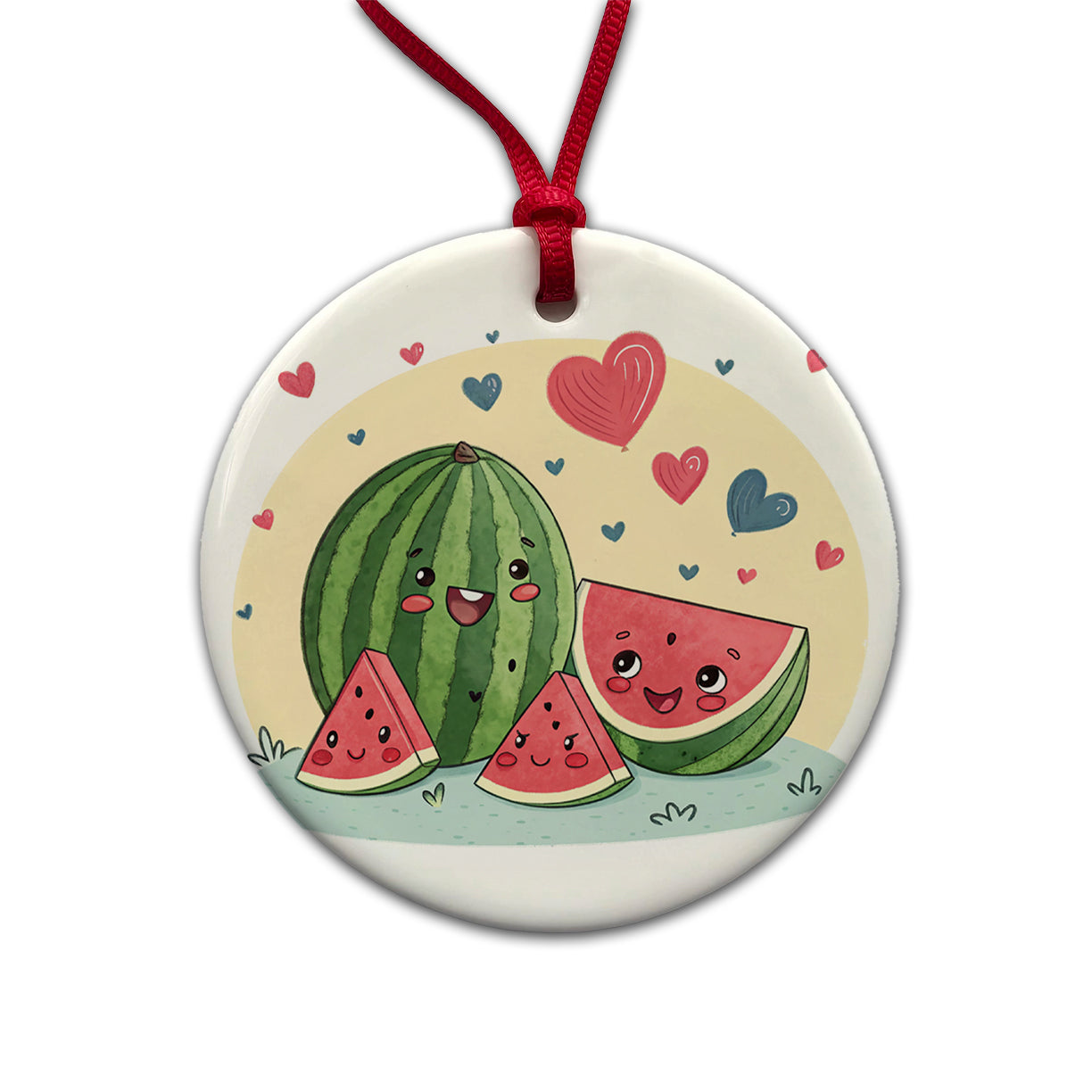 Kawaii Watermelon Hearts Round Ceramic Holiday Christmas Tree Ornament