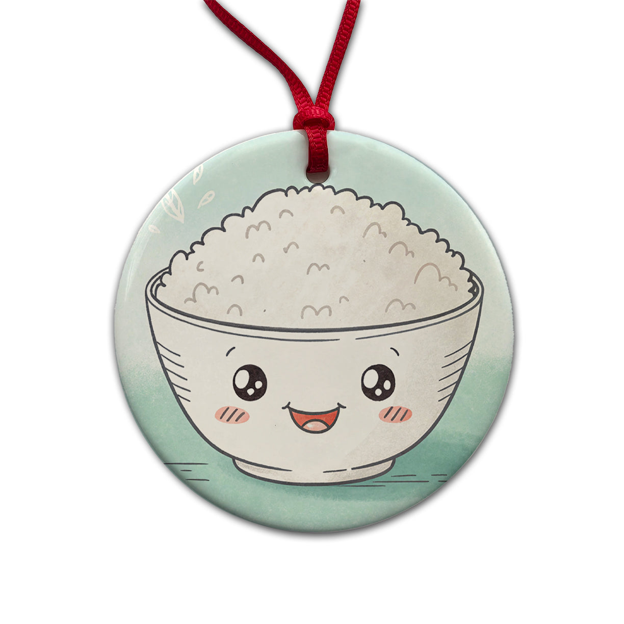 Kawaii White Rice Bowl Round Ceramic Holiday Christmas Tree Ornament