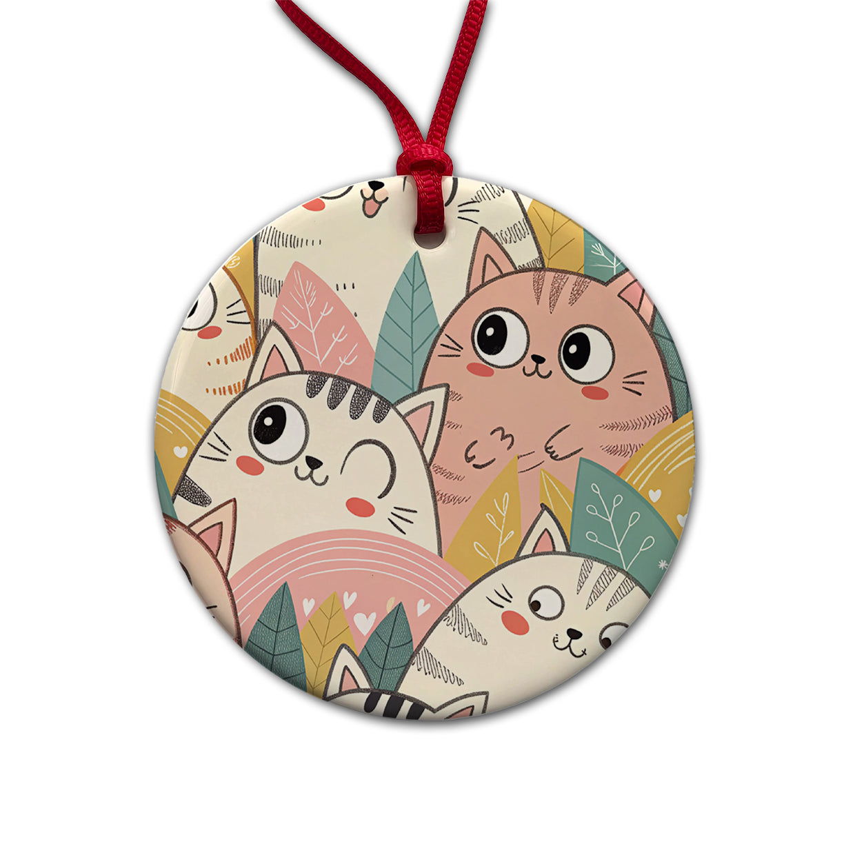 Lots Of Kawaii Adorable Cats Round Ceramic Holiday Christmas Tree Ornament