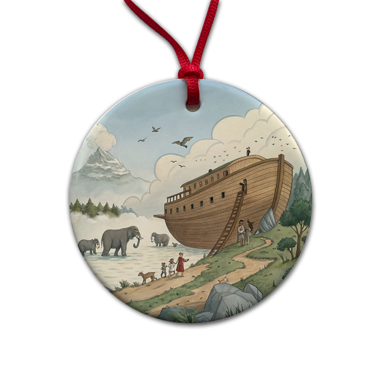 Noah's Ark Animals Round Ceramic Holiday Christmas Tree Ornament