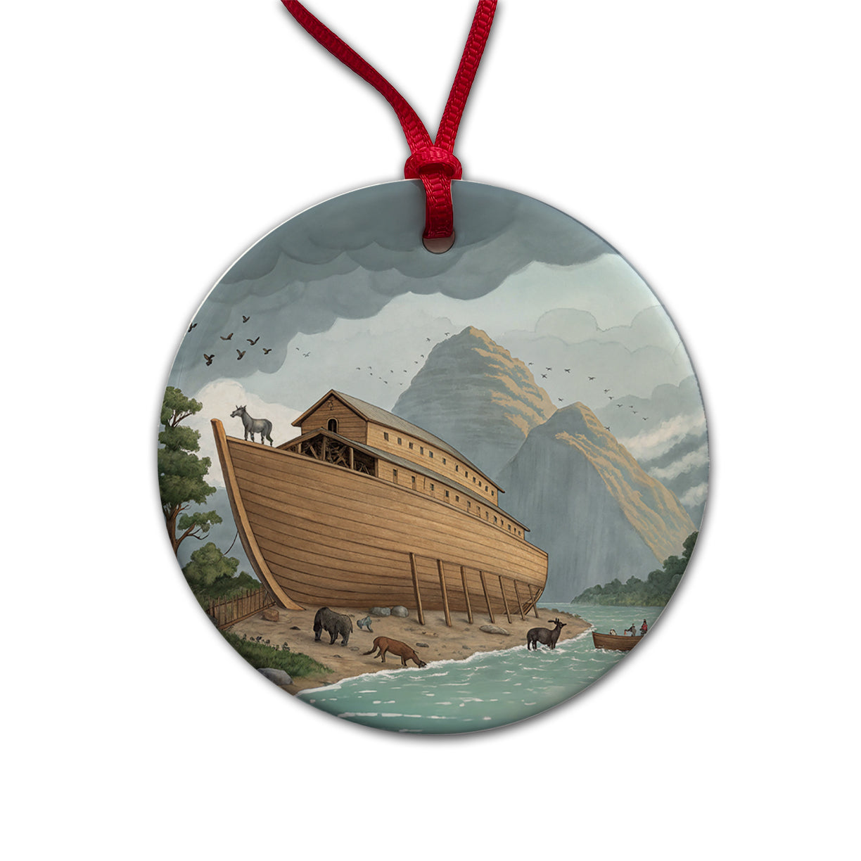 Noah's Ark Drawing Round Ceramic Holiday Christmas Tree Ornament