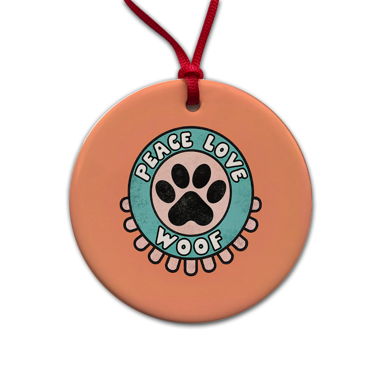 Peace Love Woof Dogs Paw Print Round Ceramic Holiday Christmas Tree Ornament