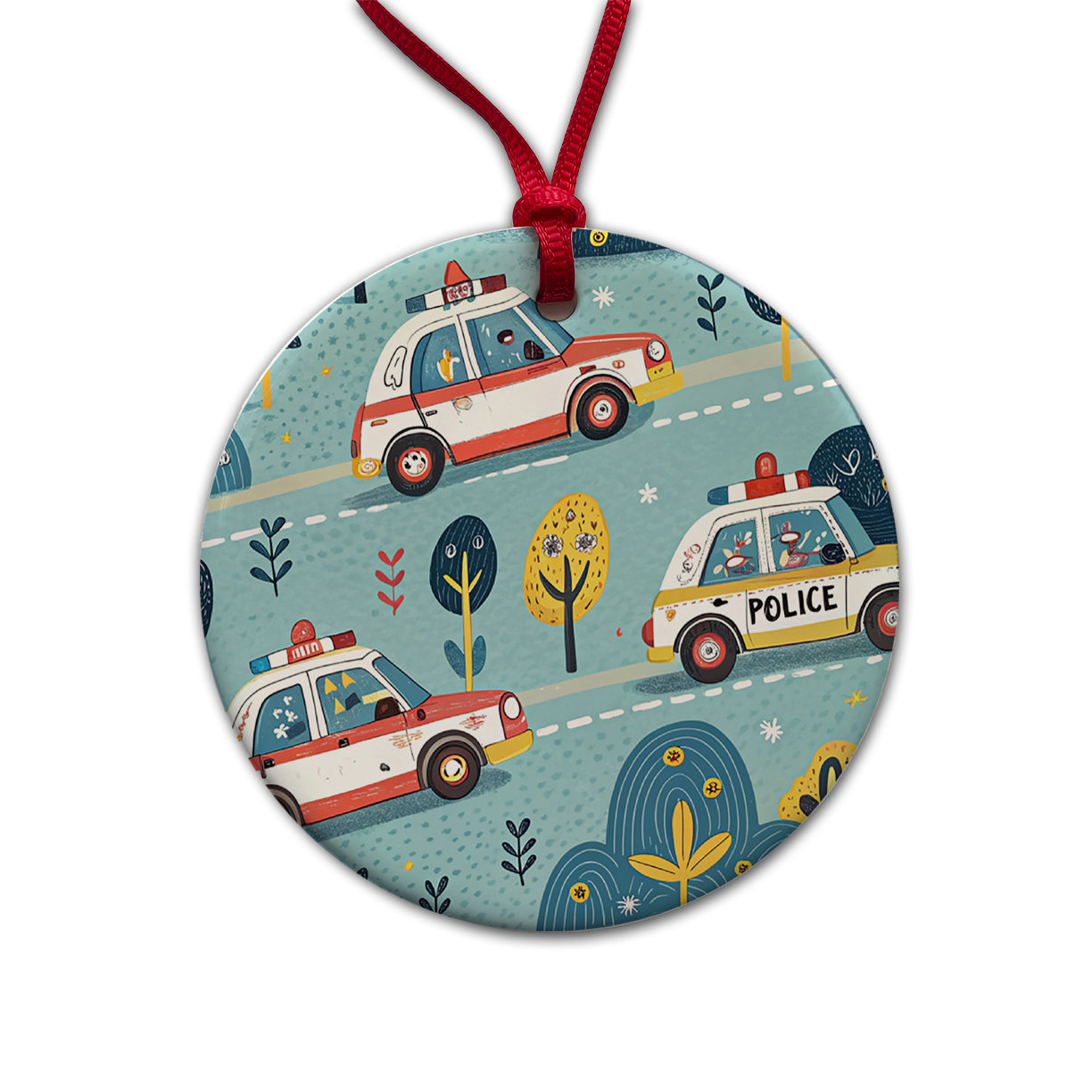 Police Cars Cute Round Ceramic Holiday Christmas Tree Ornament