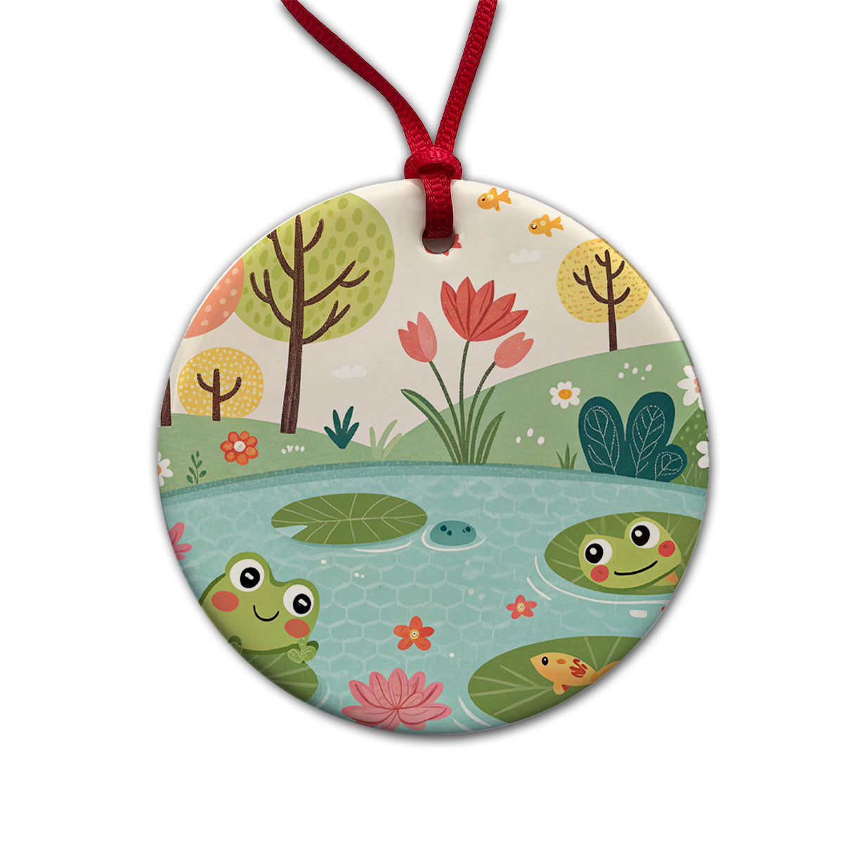 Pond And Frogs Round Ceramic Holiday Christmas Tree Ornament