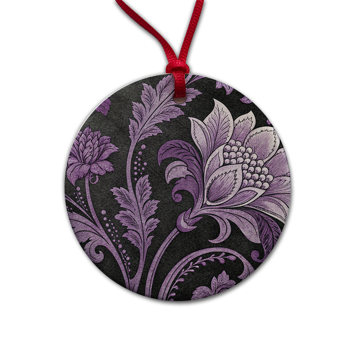 Purple Damask On Black Round Ceramic Holiday Christmas Tree Ornament