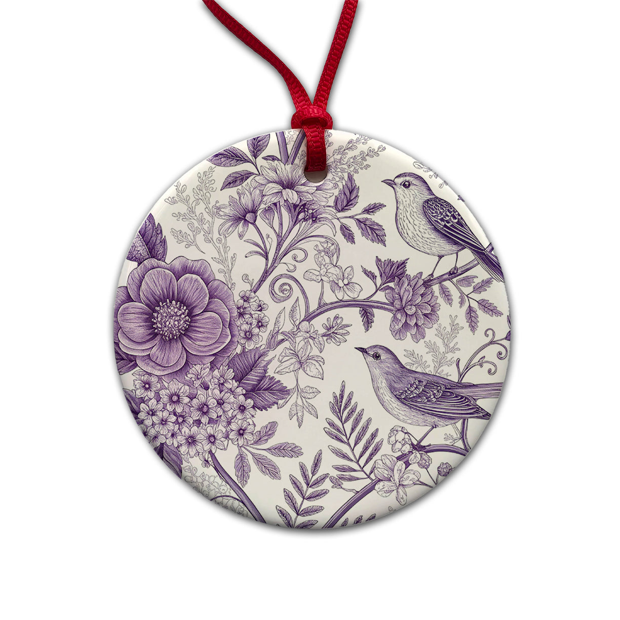 Purple On White Toile With Birds Round Ceramic Holiday Christmas Tree Ornament