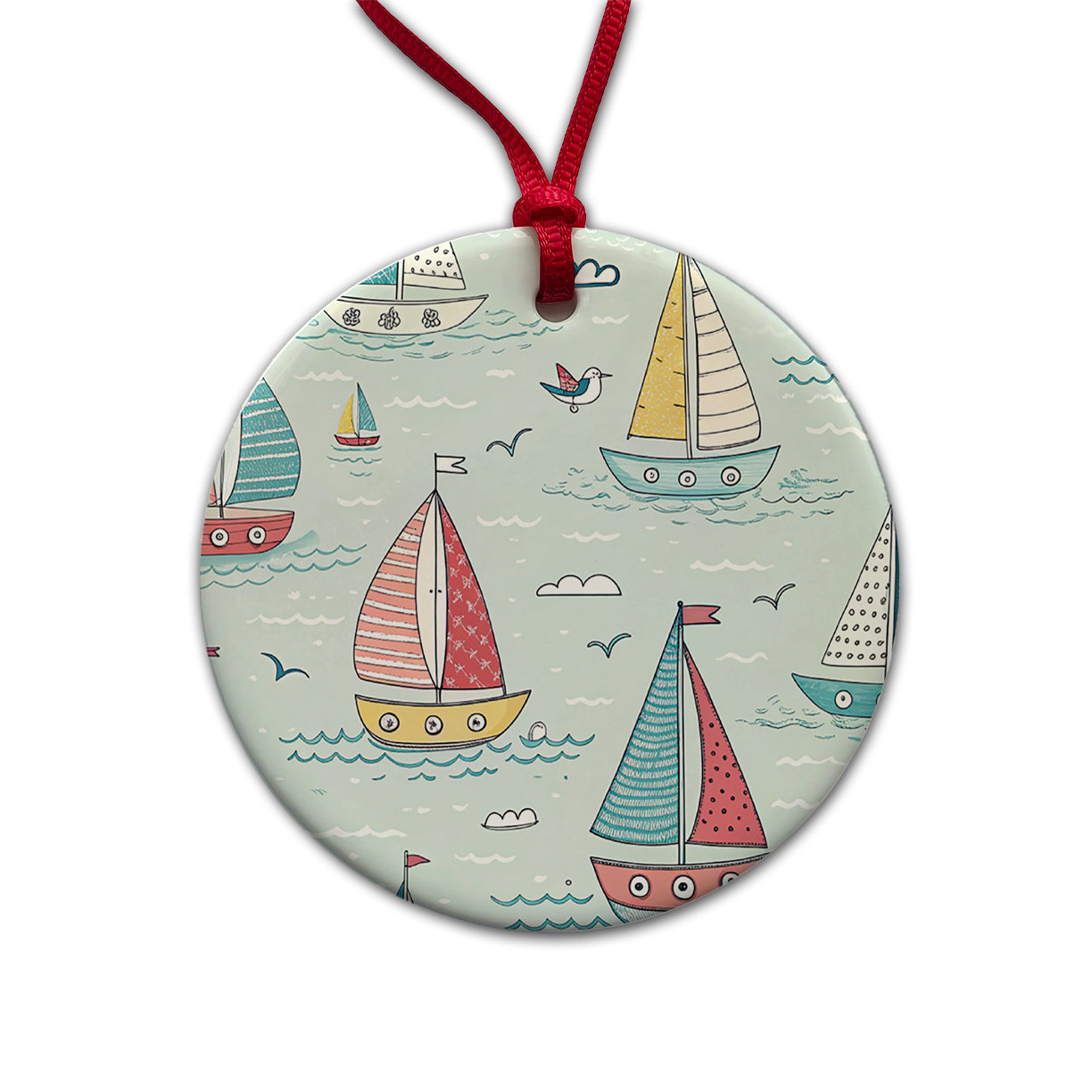 Sailboats Scattered Round Ceramic Holiday Christmas Tree Ornament