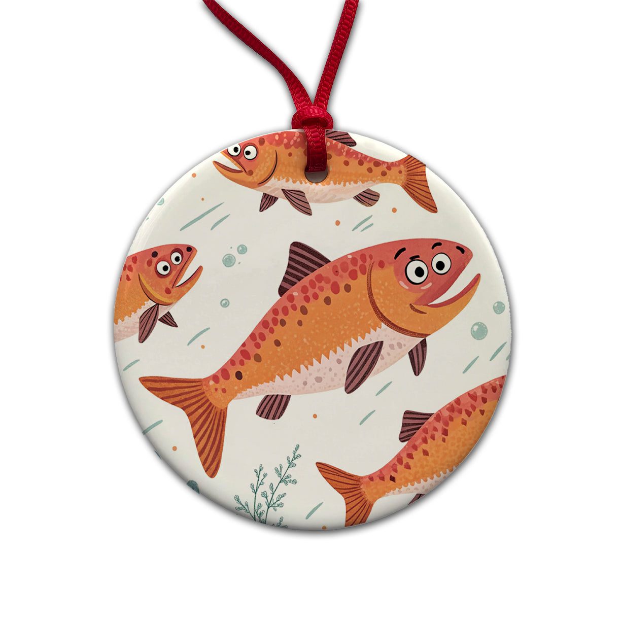 Salmon Fish Fishing Cute Round Ceramic Holiday Christmas Tree Ornament