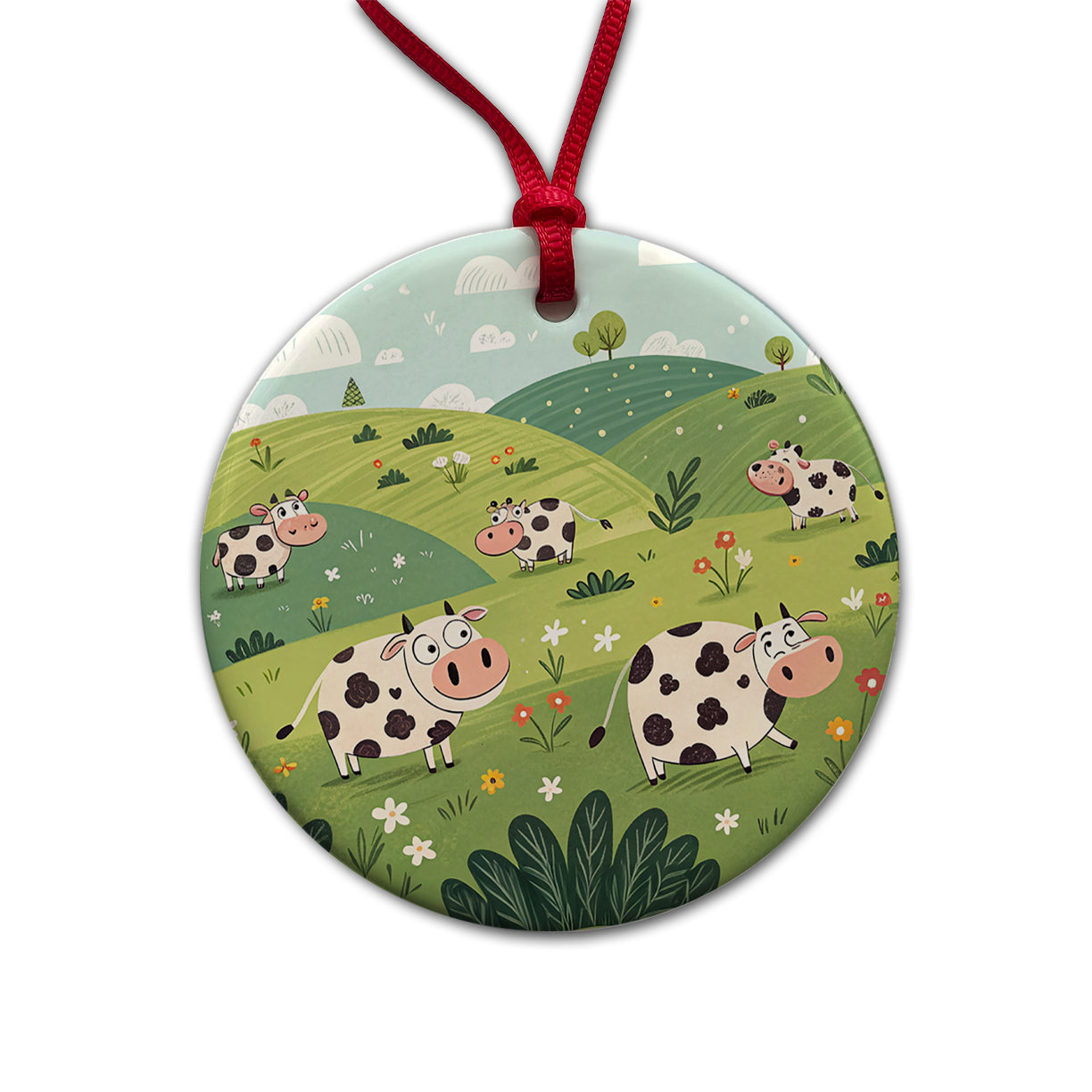 Scattered Cows Round Ceramic Holiday Christmas Tree Ornament