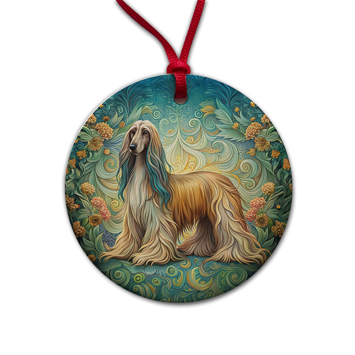 Afghan Hound Dog Art Nouveau Round Ceramic Holiday Christmas Tree Ornament