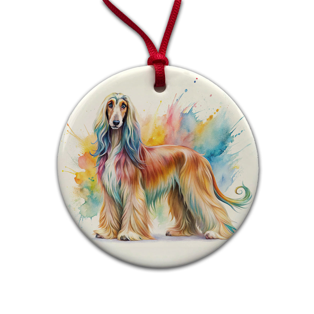 Afghan Hound Dog Watercolor Style Round Ceramic Holiday Christmas Tree Ornament