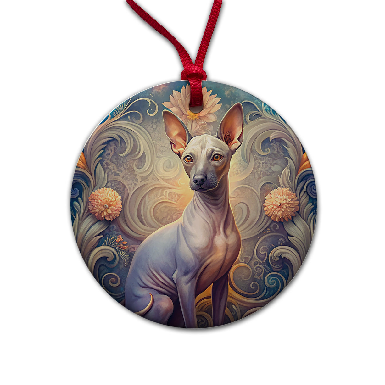 American Hairless Terrier Dog Art Nouveau Round Ceramic Holiday Christmas Tree Ornament
